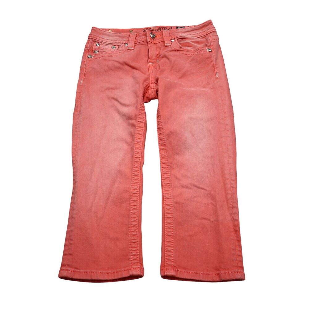Miss Me Pants Girls 14 Orange Capri Low Rise Rhinestone Pocket Zip Denim Jeans